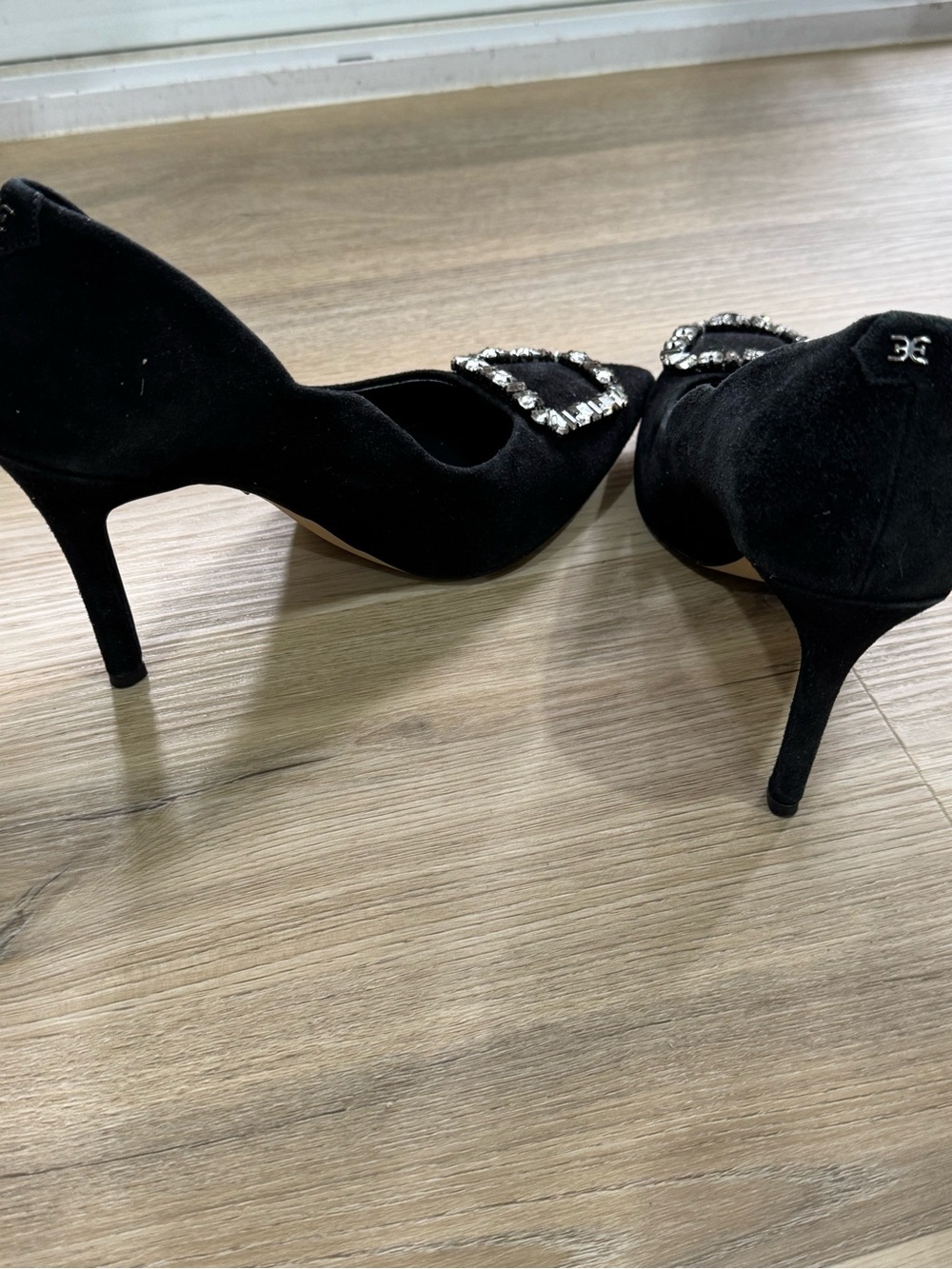 Sam Edelman Black Suede Pointed Toe Pumps with Crystal Buckle Accent - Picture 2 of 3